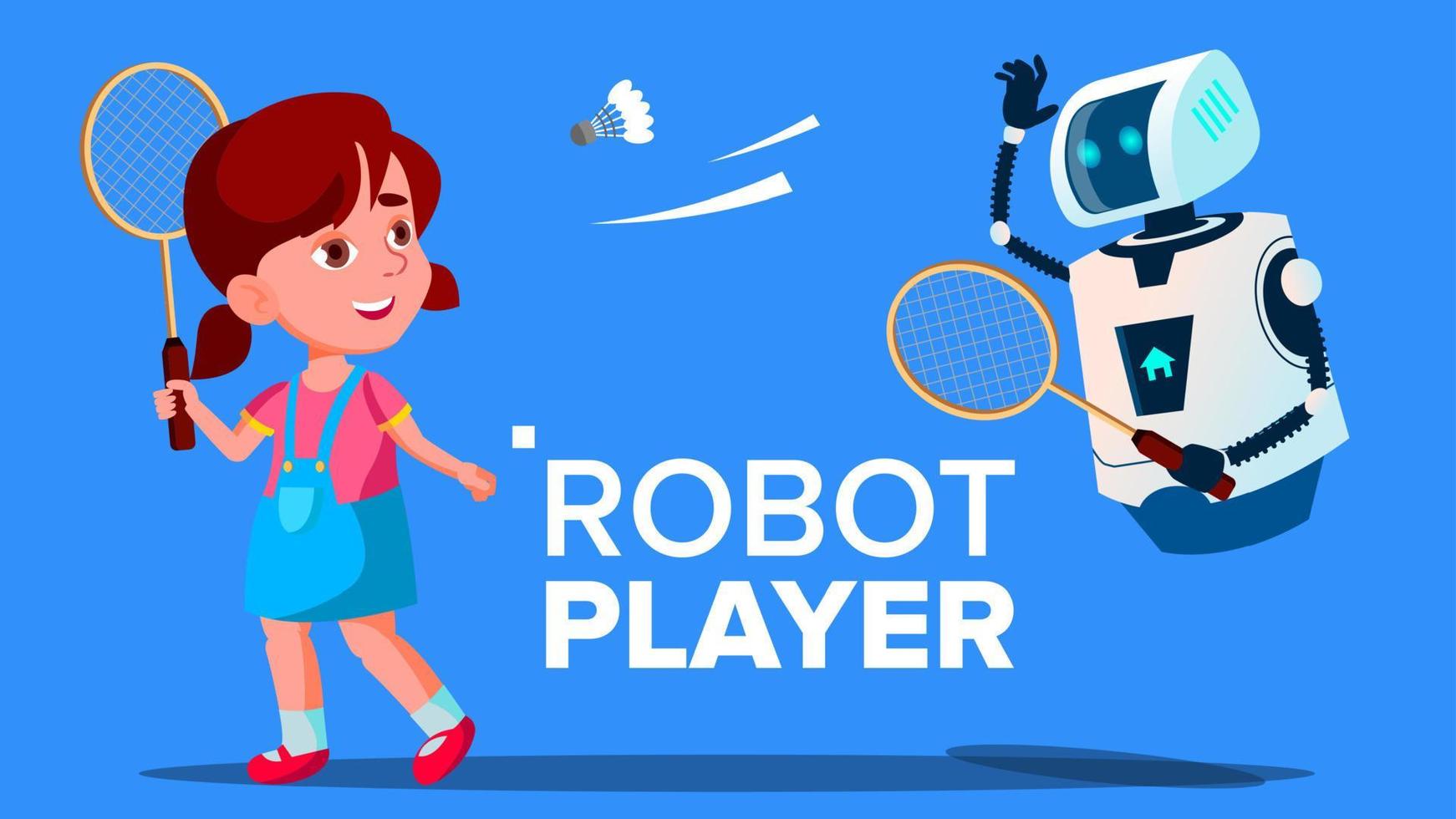 robot jugando al bádminton con un vector de niña. ilustración aislada