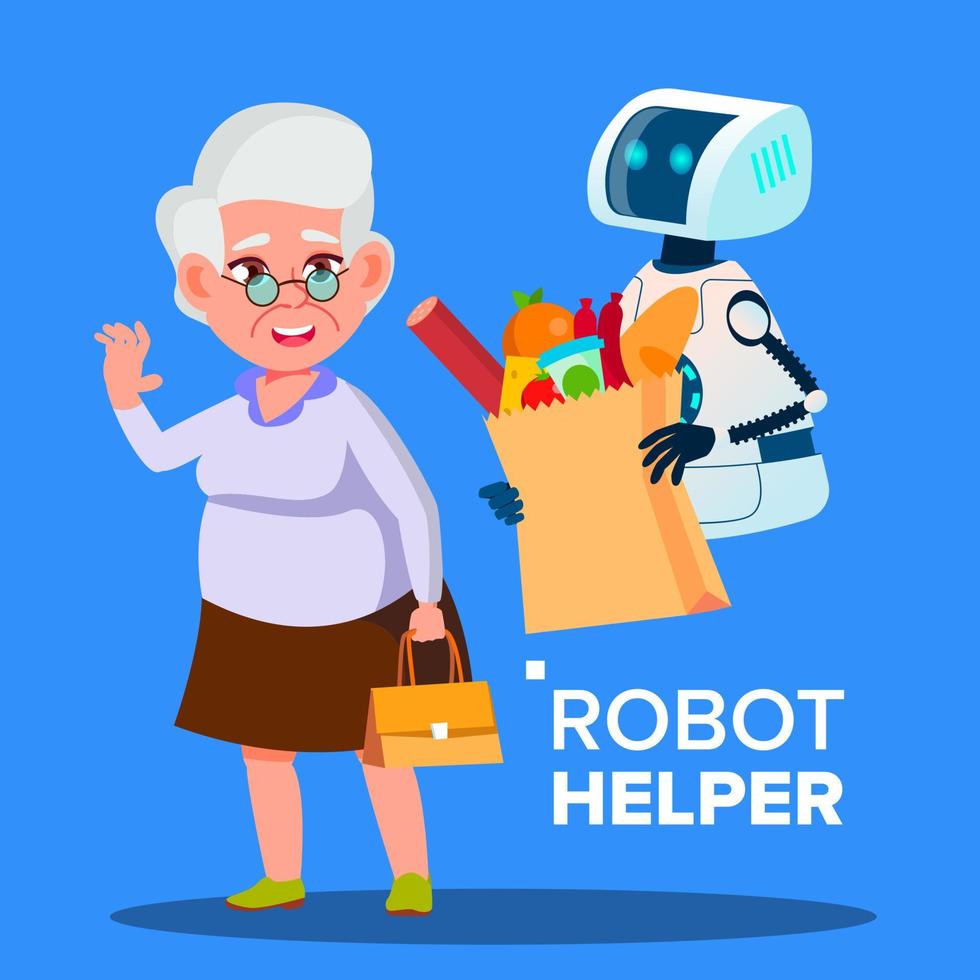 Robot Helper Carrying Cart With Products Of Elderly Woman Vector. Isolated Illustration vector