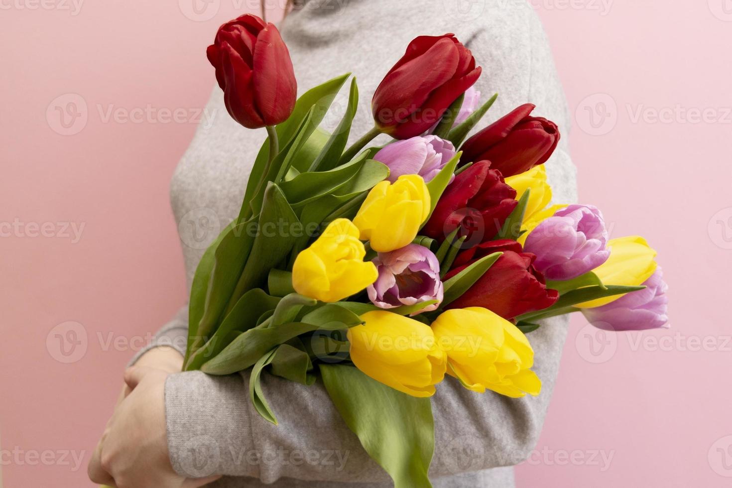 mano de mujer con un ramo de tulipanes amarillos, rojos y morados sobre fondo rosa foto