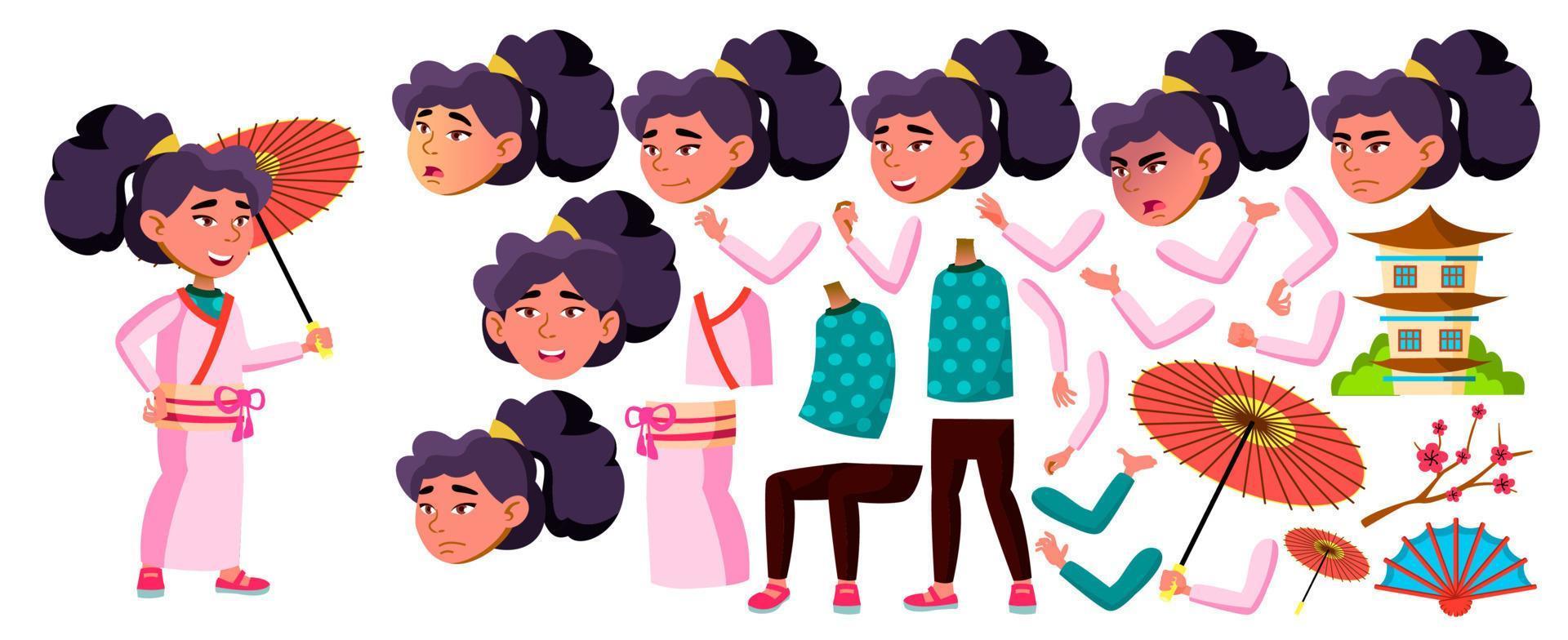 vector de niña asiática. niño de la escuela de japón. conjunto de creación de animación. enfrentar emociones, gestos. kimono. divertido, amistad, disfrute de la felicidad. para postal, ilustración de diseño de portada