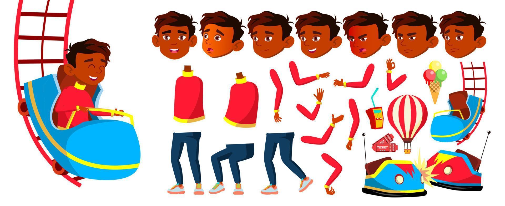 Indian Boy Schoolboy Kid Vector. Amusement Park. Animation Creation Set. Studying. Leisure. Drive, Fun, Summer. Advertising, Placard, Print Design. Face Emotions, Gestures. Animated Illustration vector