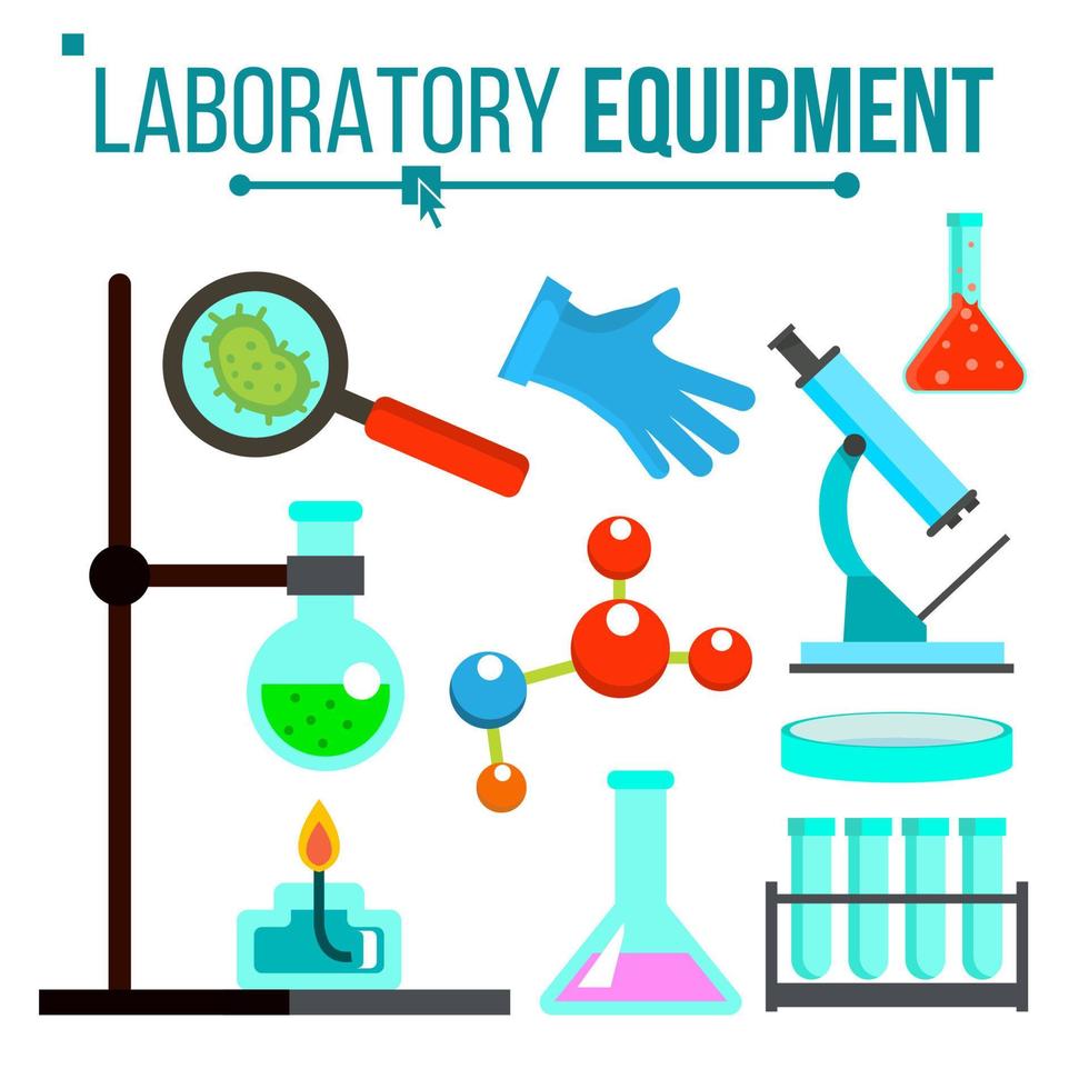 vector de equipo de laboratorio. experimento de laboratorio químico. matraz de vidrio, vaso de precipitados, lámpara de alcohol, microscopio. cristalería. iconos de ciencia de laboratorio de investigación. ilustración de dibujos animados plana aislada