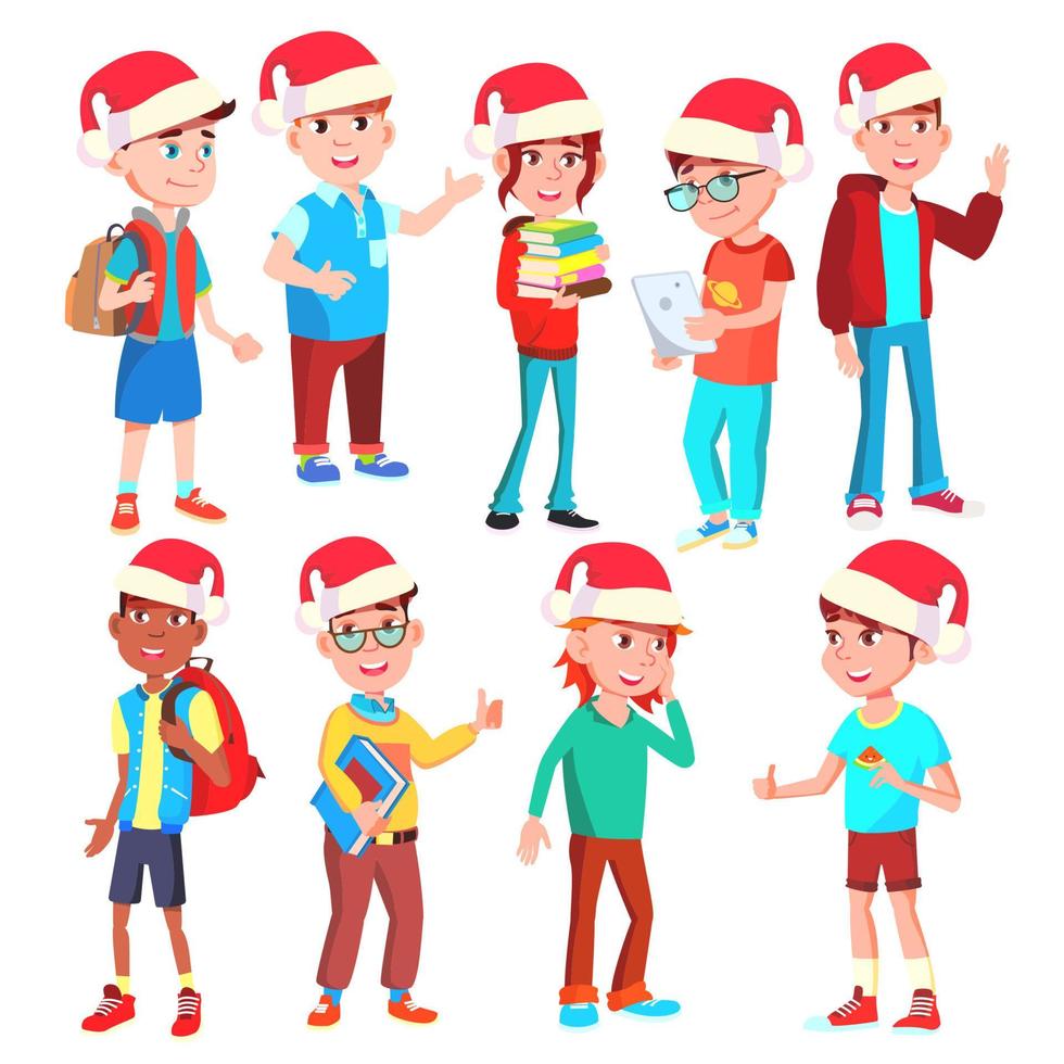 Christmas Children Set Vector. Santa Hat. Boys And Girls. December. Isolated Cartoon Illustration vector