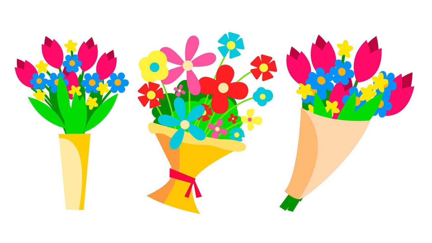 Flowers Bouquets Set Vector. Beautiful Floral Gift. Spring Present. Garden, Bloom. Isolated Flat Illustration vector