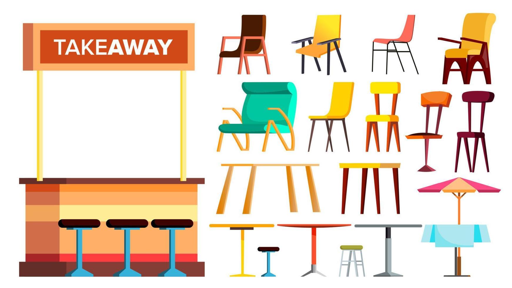 Cafe Furniture Set Vector. Takeaway. Interior Design Furniture Element. Table, Chair. Sidewalk Bistro. Isolated Cartoon Illustration vector