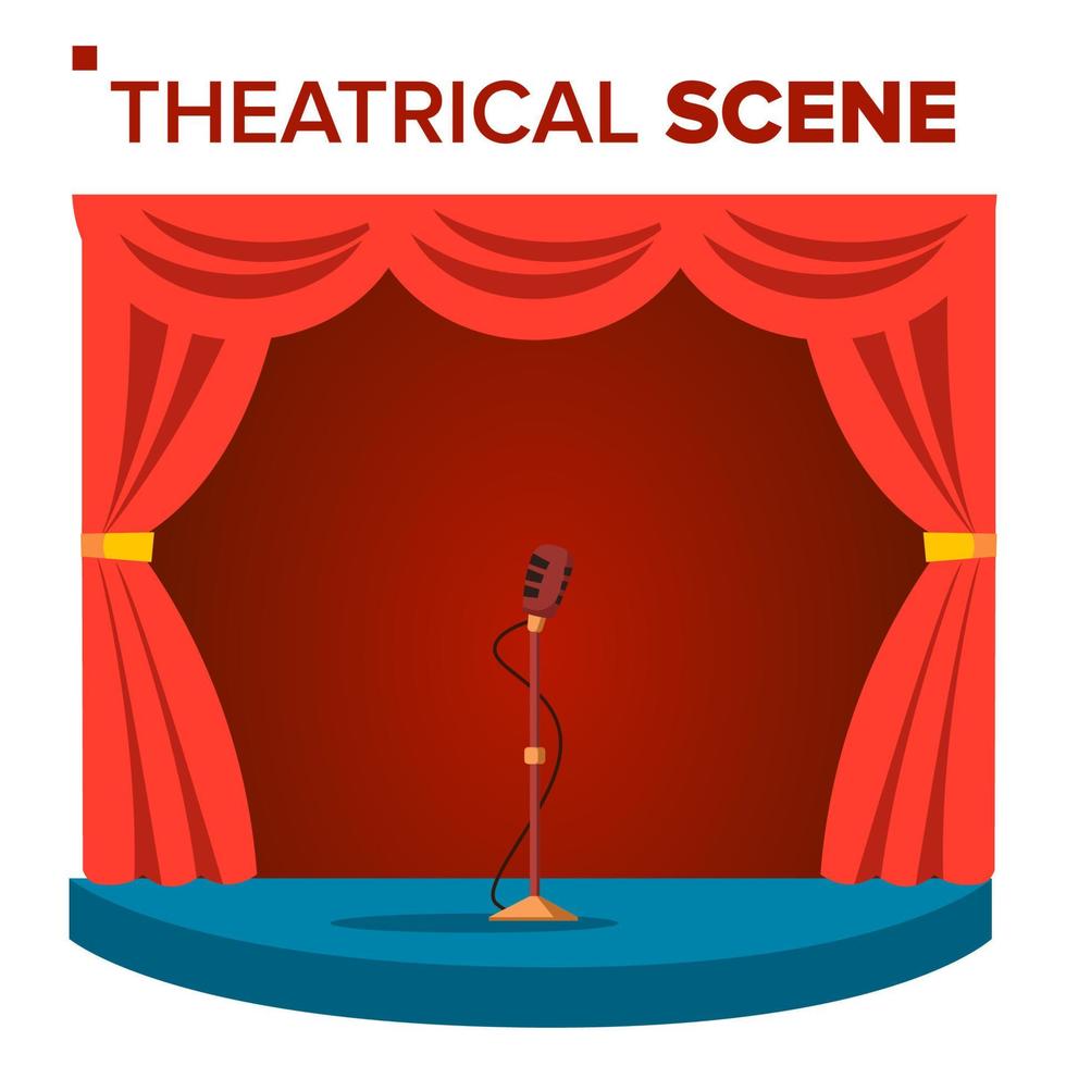 Theatrical Scene Vector. Performane. Stage Podium. Red Velvet Curtains. Event Show. Isolated Flat Cartoon Illustration vector