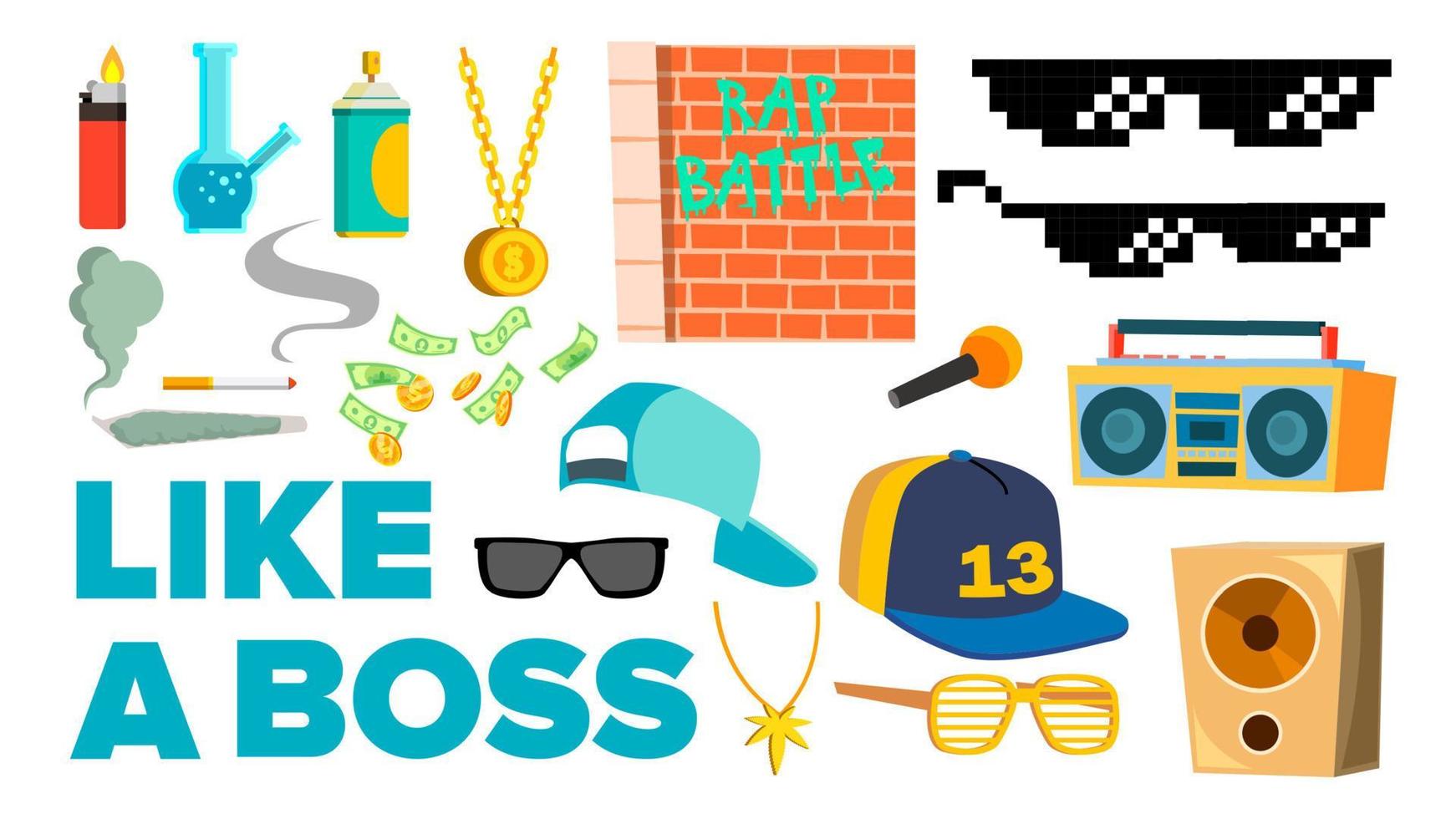 Like A Boss Icons Vector. Rapper, Gangster, Cool Singer. Isolated Flat Cartoon Illustration vector