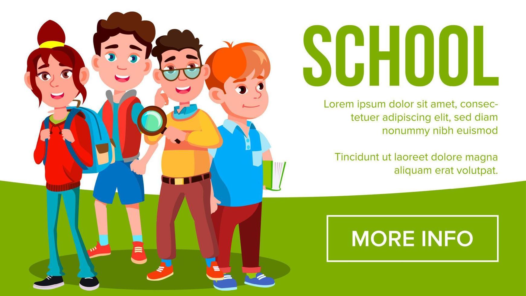 School Eduacation Banner Vector. Girls, Boys Student Smiling. Poster, Website, Invitation. Pupils. Illustration vector
