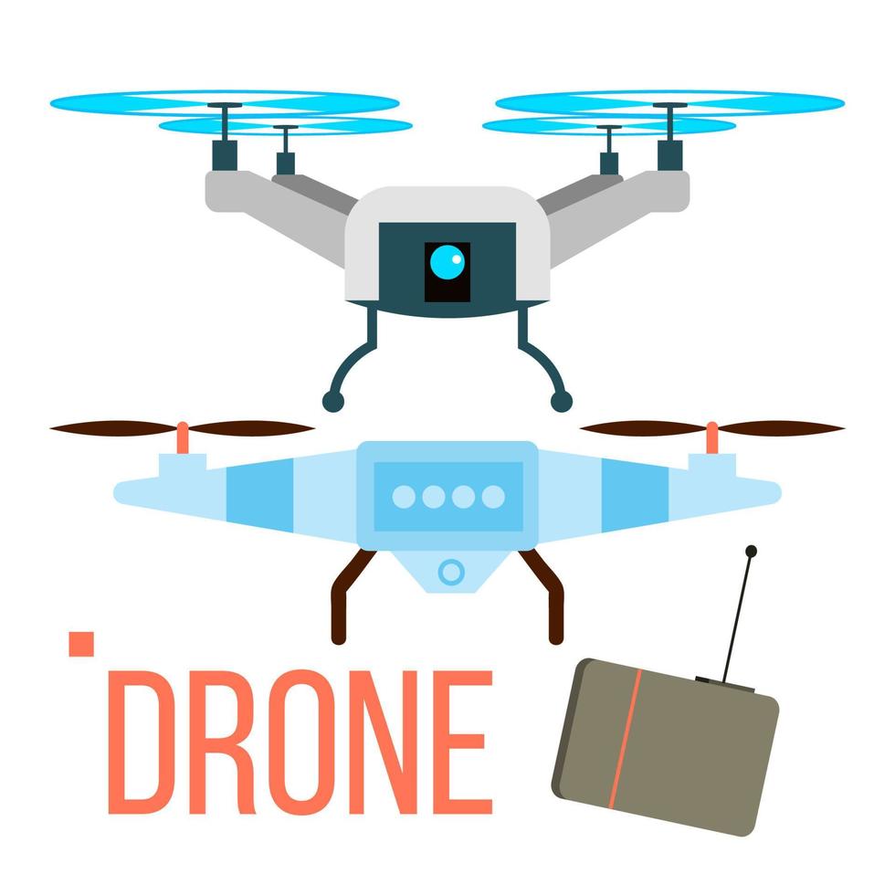 Drone Vector. Remote Aerial Quadcopter. Photo, Video, Delivery. Isolated Flat Cartoon Illustration vector
