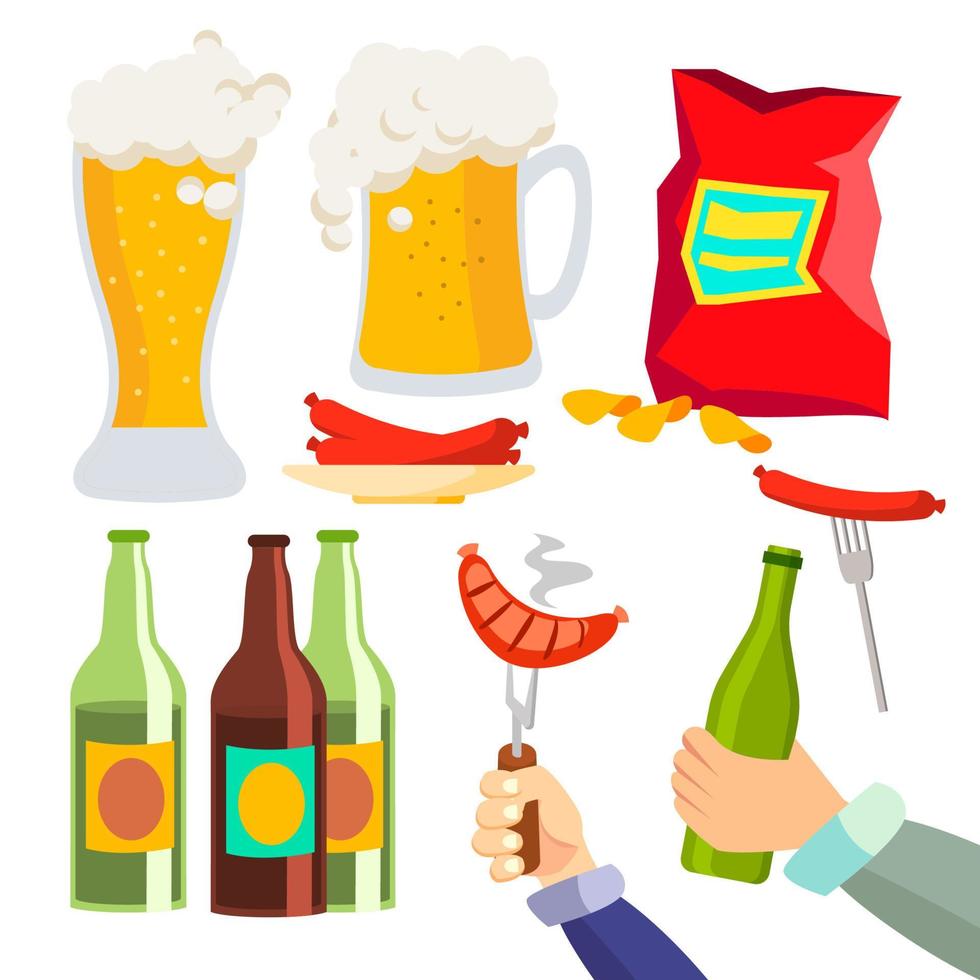 vector de fiesta de cerveza. símbolo de icono de bebida alcohólica. vidrio estilizado, papas fritas, salchichas. ilustración de dibujos animados plana aislada