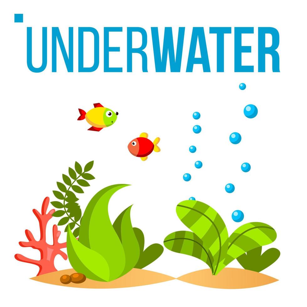 Underwater World Vector. Bottom, Fish, Seaweed, Bubbles. Isolated Flat Cartoon Illustration vector