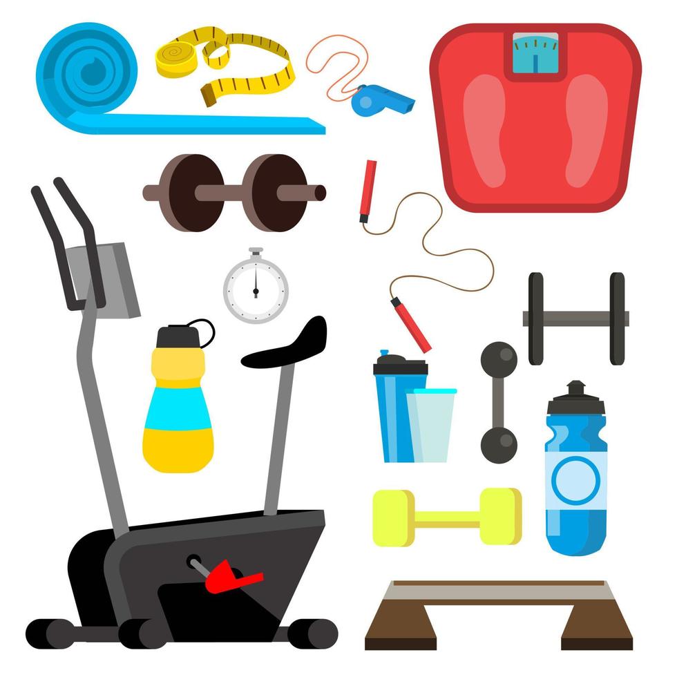 vector de iconos de fitness. simulador, básculas, mancuernas, accesorios para equipos de gimnasia. ilustración de dibujos animados plana aislada