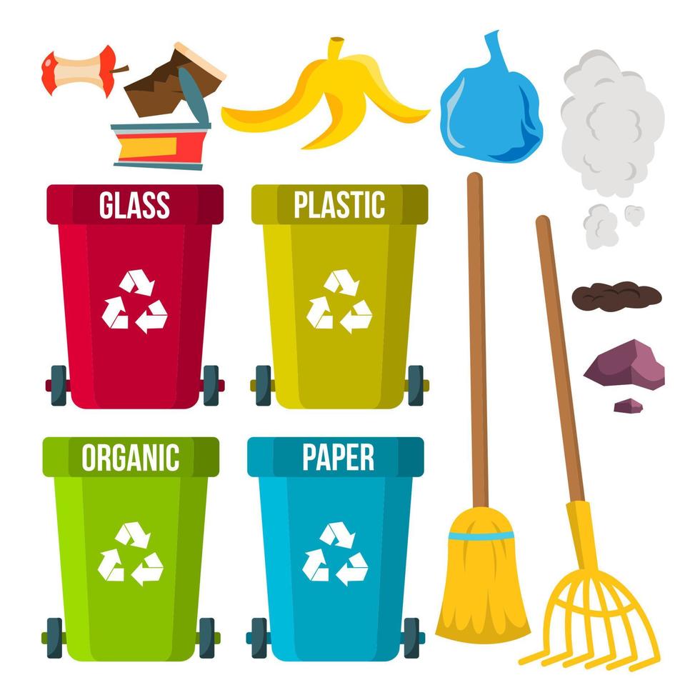 Sorting And Cleaning Garbage Vector. Recycle Bins. Separation. Dump. Ecological Problem. Isolated Flat Cartoon Illustration vector