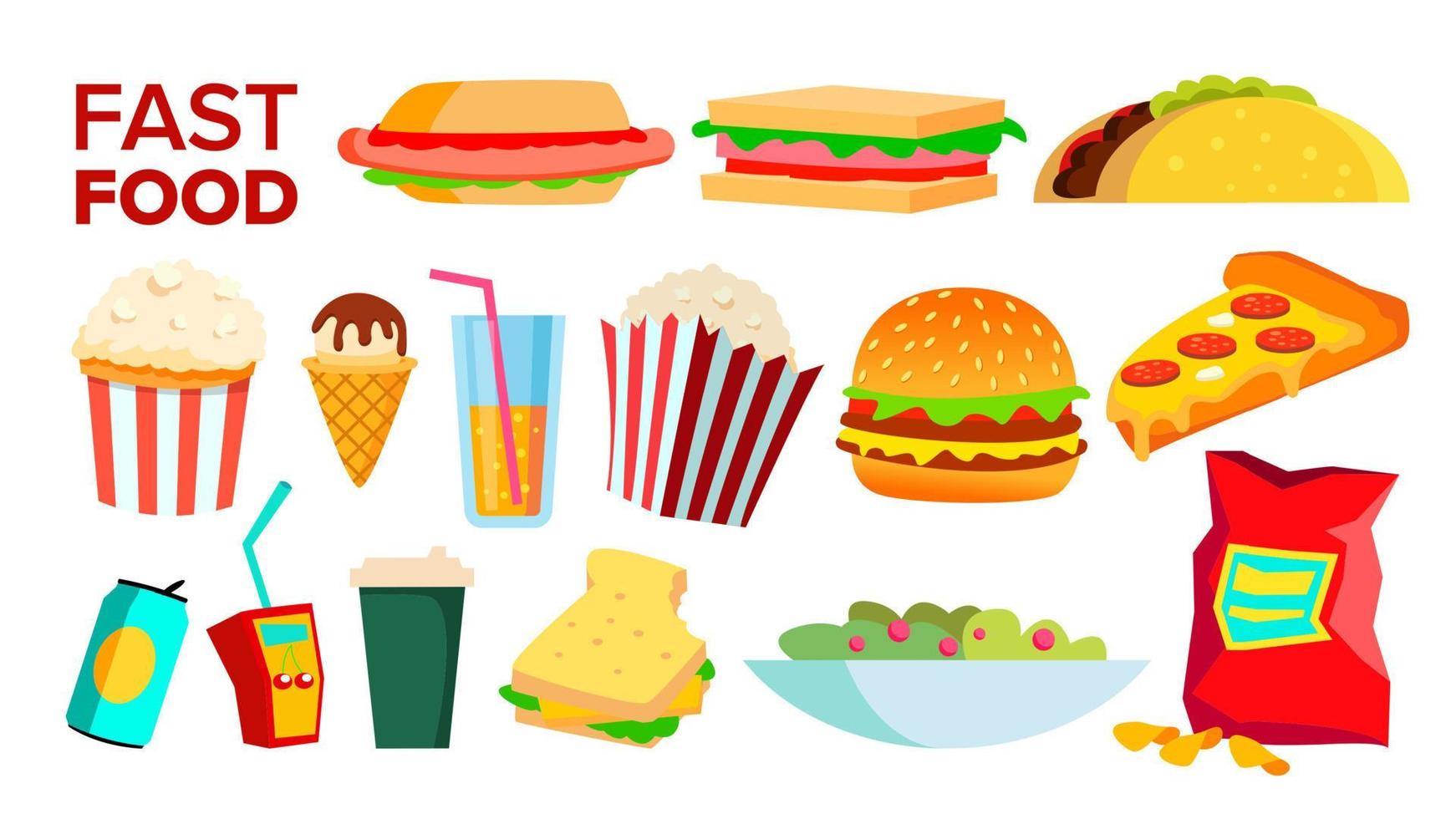 conjunto de iconos de comida rápida vector. cena de hamburguesas. comida para llevar. café expreso insalubre. ilustración de dibujos animados plana aislada vector