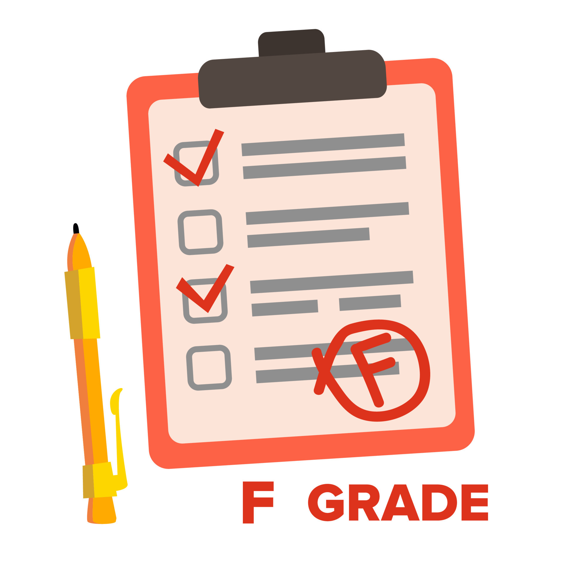 Flat marking. F Grade. Grade vector. Failed Exam cartoon. Grad f(r).