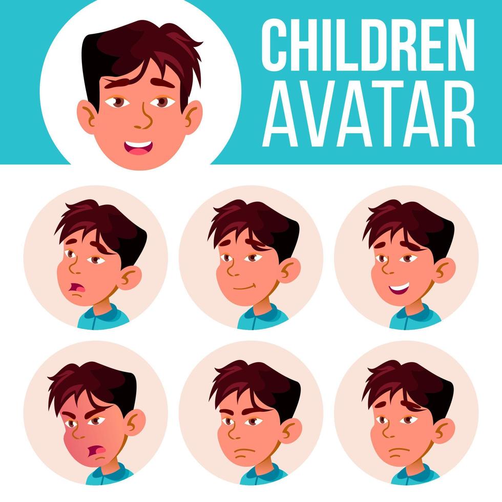 Asian Boy Avatar Set Kid Vector. Kindergarten. Face Emotions. Web, Head, Icon. Beauty, Lifestyle, Friendly. Poster, Clipart. Cartoon Head Illustration vector