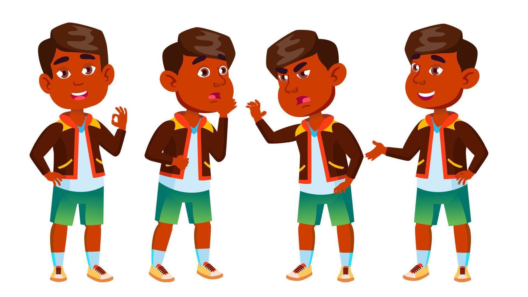 Indian Boy Kindergarten Kid Poses Set Vector. Playful Positive Small Baby. For Presentation, Print, Invitation Design. Isolated Cartoon Illustration vector