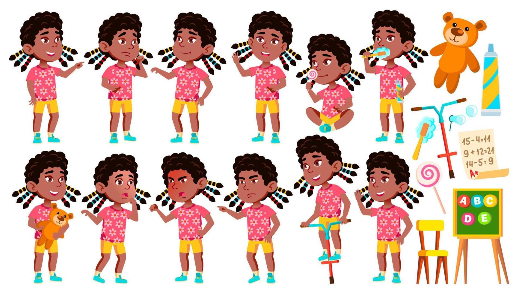 niña jardín de infantes poses set vector. negro. afroamericano. expresión de niño caucásico. actividad. para banner, volante, diseño web. ilustración de dibujos animados aislados vector