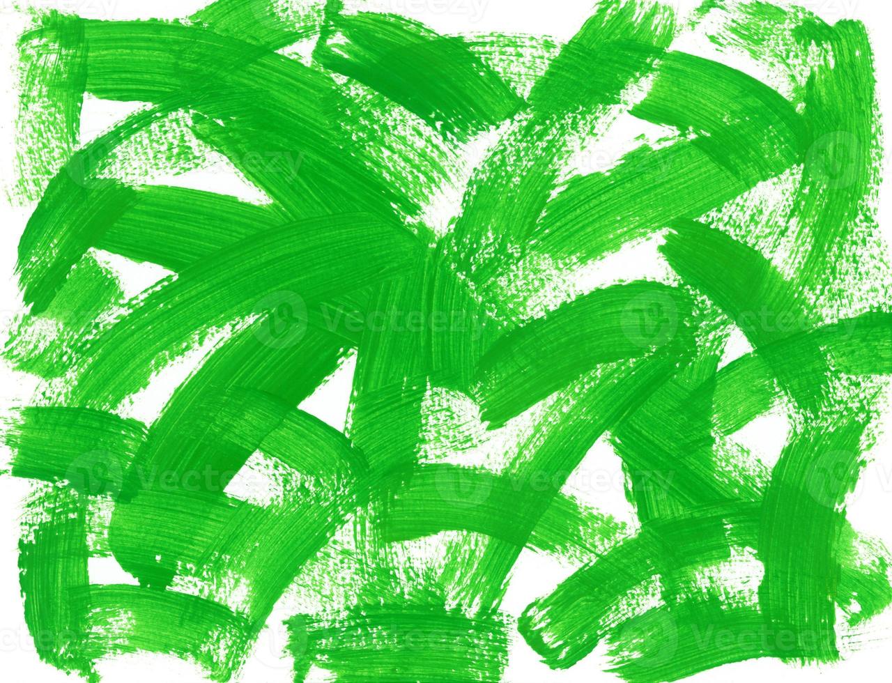 Brushstrokes of bright green paint on textured horizontal white canvas. Abstract acrylic, gouache or tempera green paint texture. Artistic background with place for text. photo