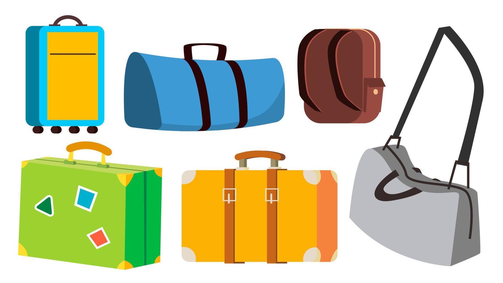 conjunto de bolsa de viaje vectorial. clásico, retro, moderno, vintage. viaje, icono de viaje de verano. maleta de turismo. ilustración de dibujos animados aislados vector