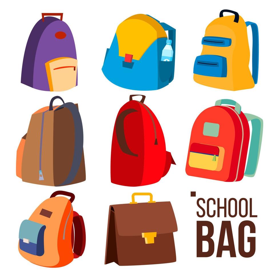 School Bag Set Vector. Different Types, View. Schoolchild, Kids Backpack Icon. Education Sign. Back To School. Isolated Flat Cartoon Illustration vector