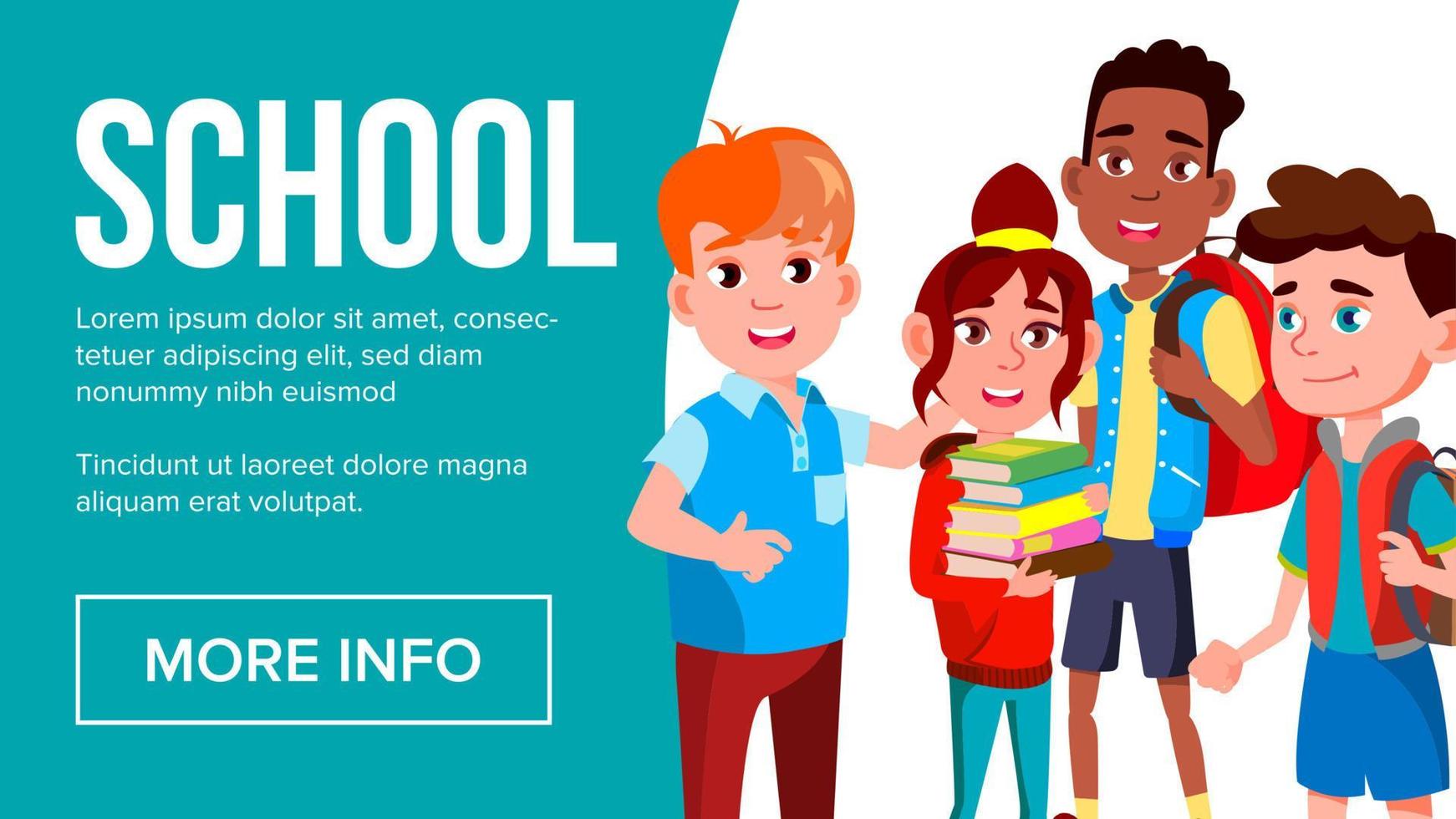 School Eduacation Banner Vector. Multiracial Children. Advertising Brochure. Pupils. Illustration vector