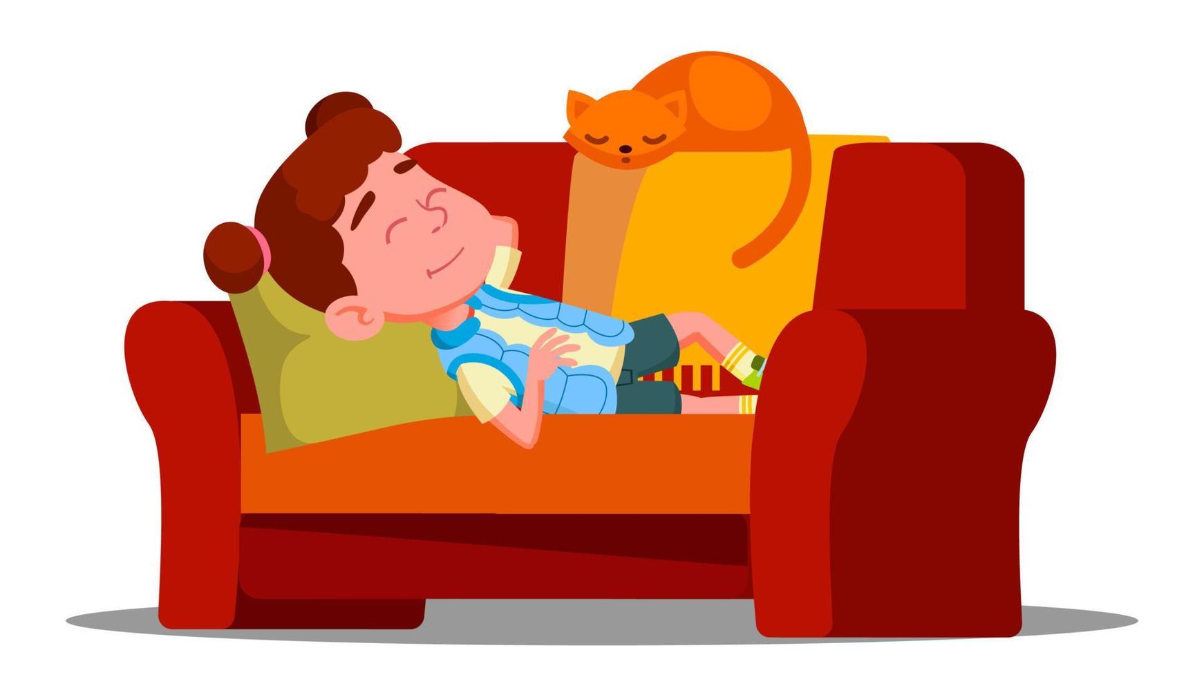 Tired Little Girl Sleeping On The Couch Next To Sleeping Cat Vector. Isolated Illustration vector
