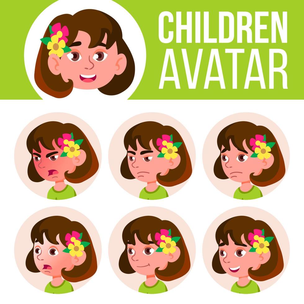 Girl Avatar Set Kid Vector. Kindergarten. Face Emotions. Cartoon, Comic, Flat. Little, Cute, Comic. Postcard, Announcement. Cartoon Head Illustration vector