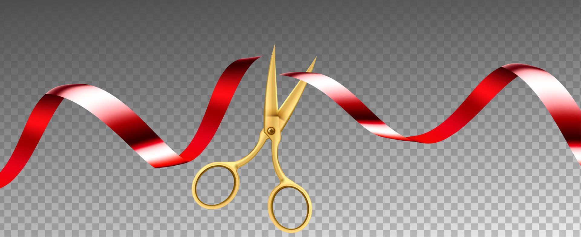 Grand opening, ribbon cut, overhead of gold scissors cutting red