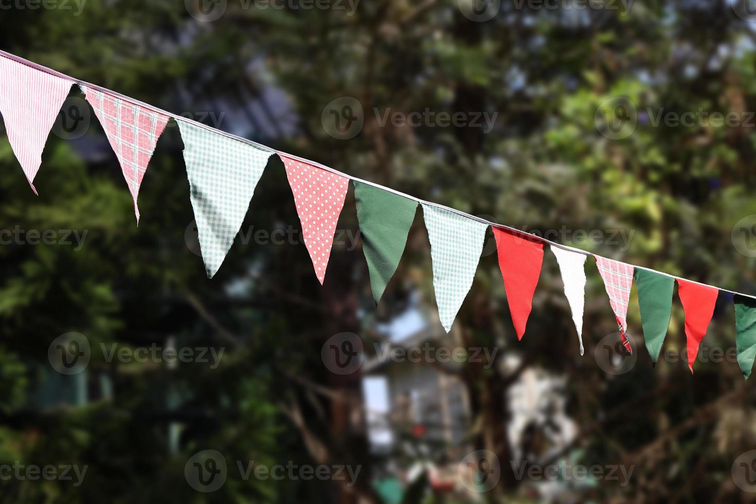 Closeup of multicolored bunting hanging up in front of a green background,triangle flag blur background photo