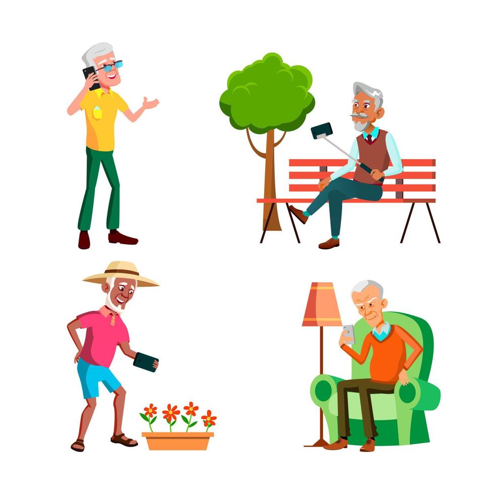 Old Men Using Phone For Communication Set Vector