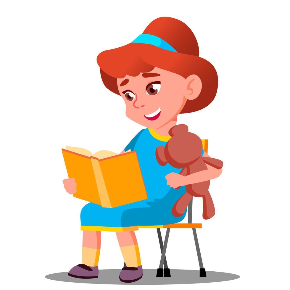 Little Beautiful Girl Reading A Book With A Soft Toy Vector. Education Concept. Isolated Illustration vector