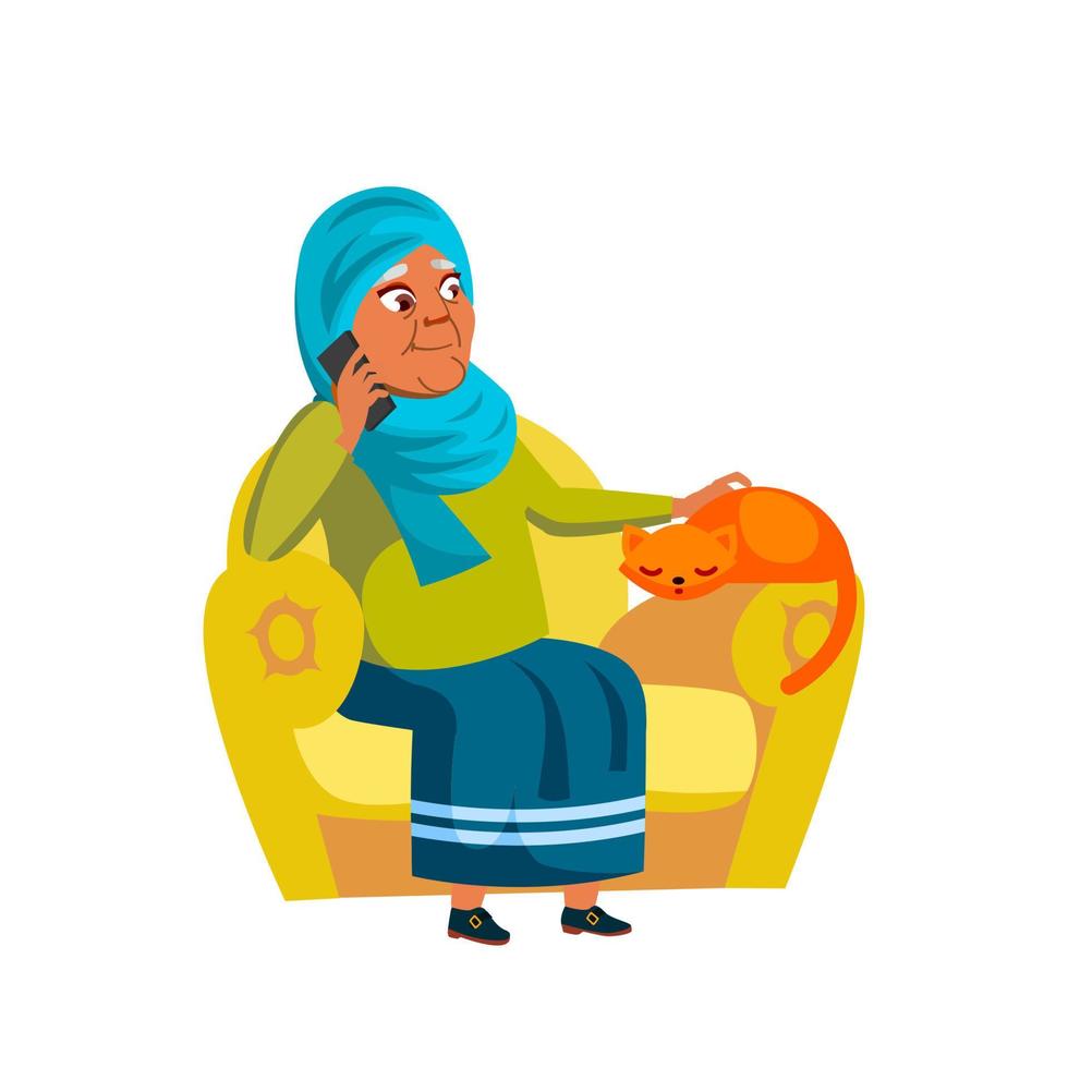 Old Woman Sit In Armchair And Talk On Phone Vector