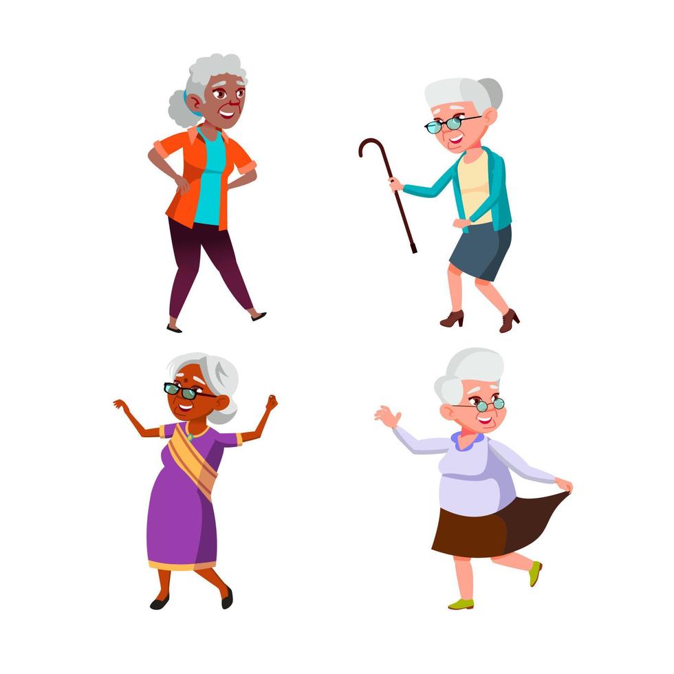 ancianas jubiladas bailando y descansando set vector