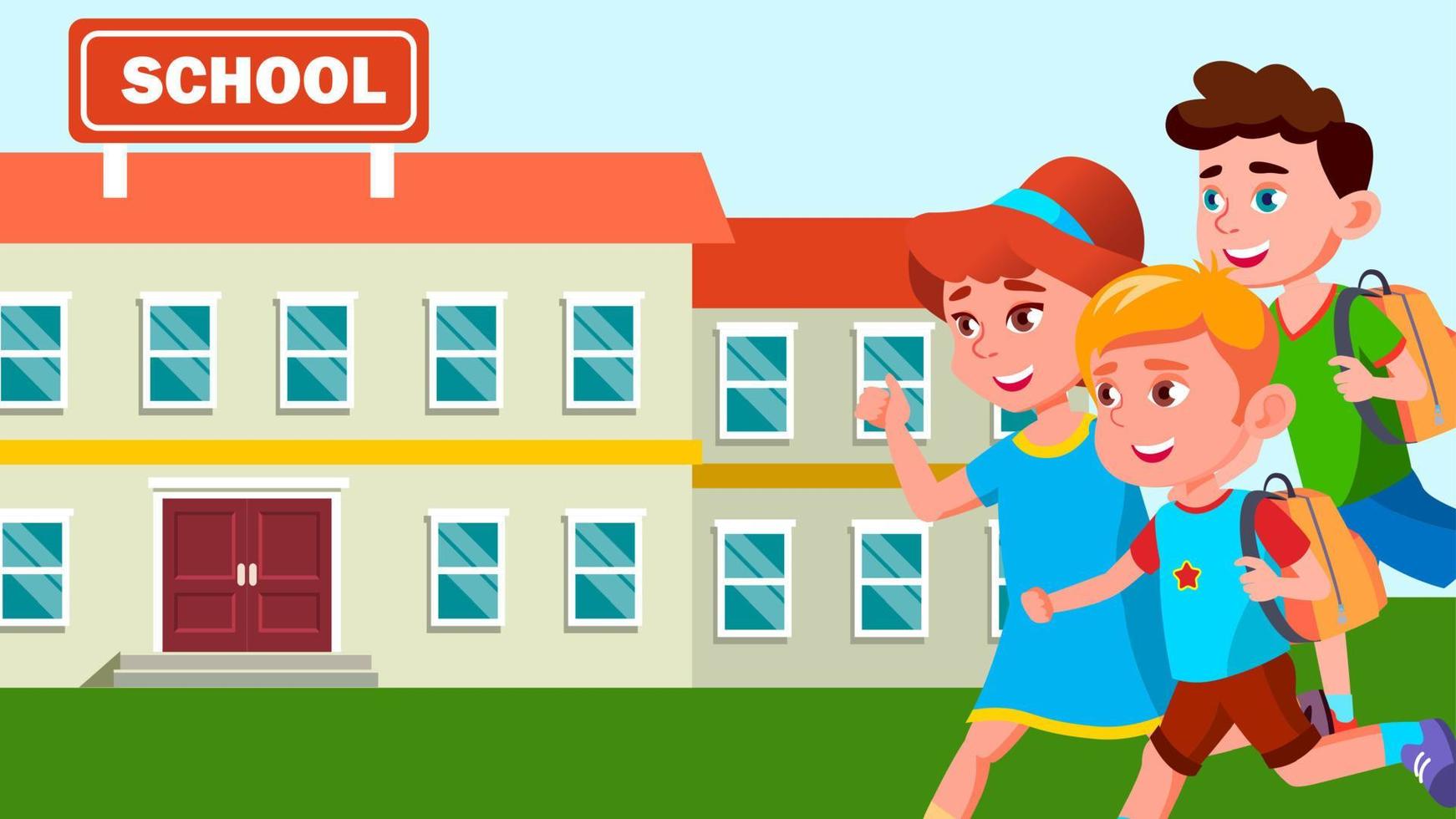 Running Children With Backpacks On The Background Of The School Building Vector. Isolated Illustration vector