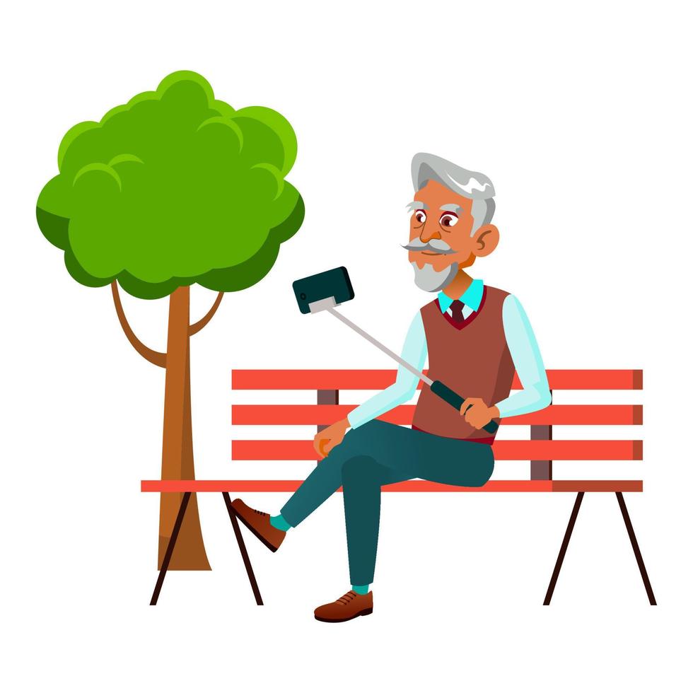 Old Man Making Selfie On Phone In Park Vector