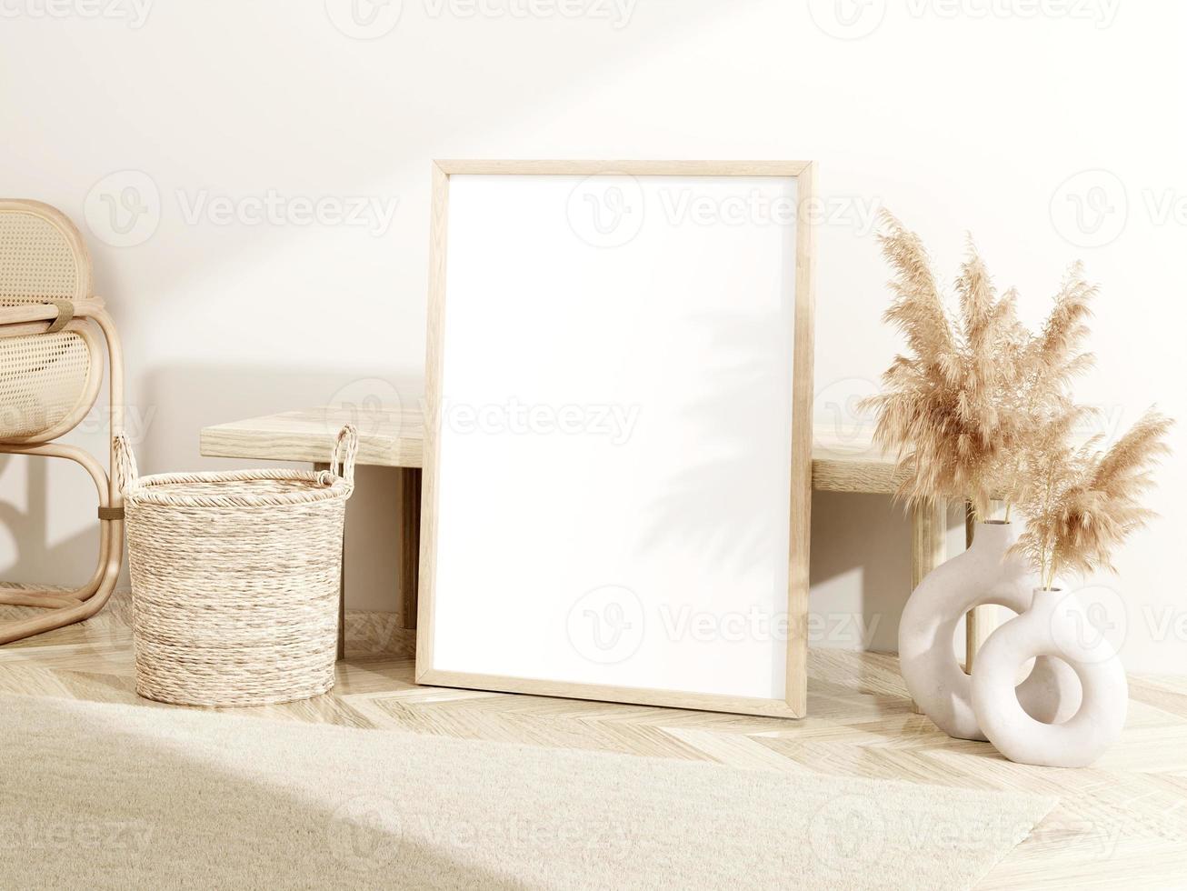 Frame and poster mockup in boho style interior. 3d rendering, 3d illustration photo