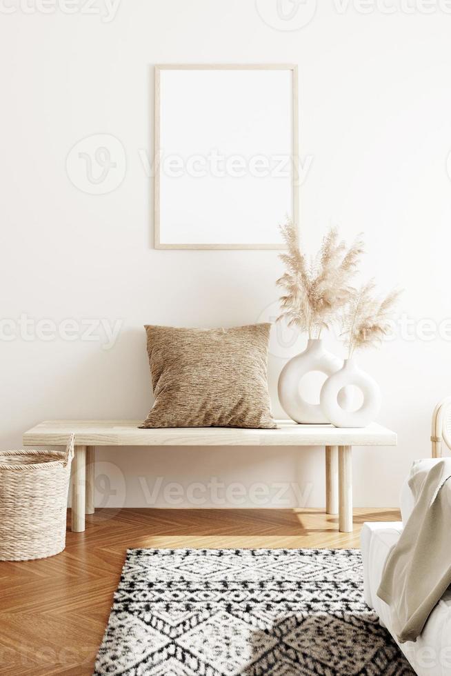 Frame and poster mockup in boho style interior. 3d rendering, 3d illustration photo