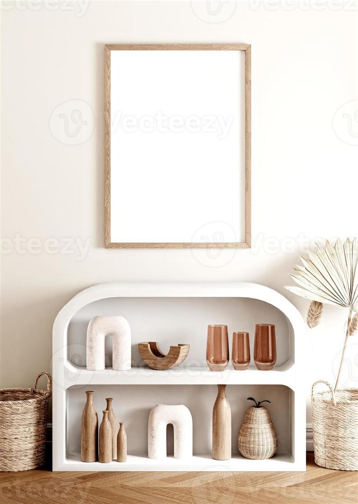 Frame and poster mockup in boho style interior. 3d rendering, 3d illustration photo
