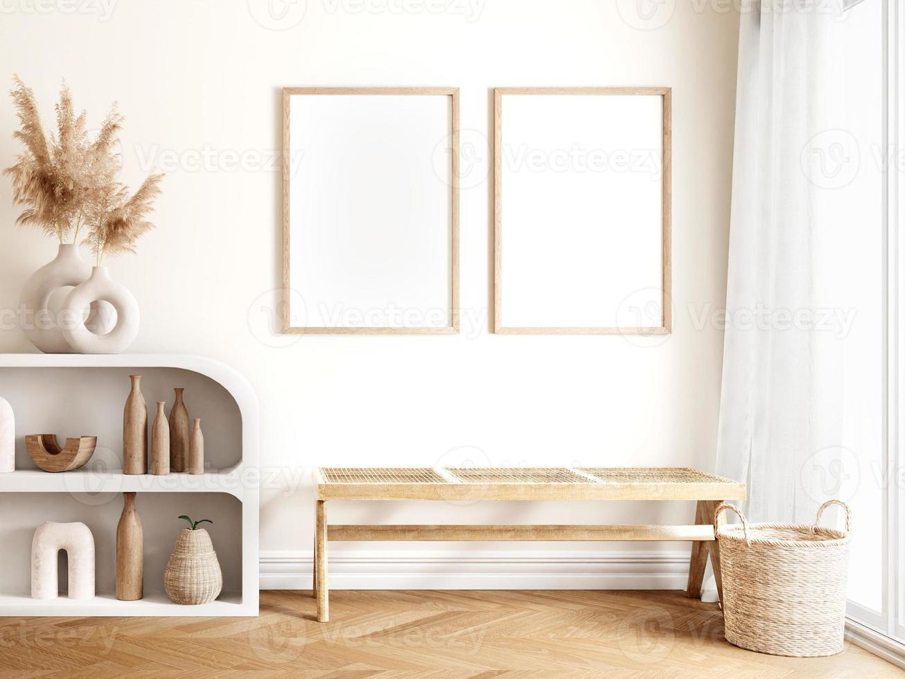 Frame and poster mockup in boho style interior. 3d rendering, 3d illustration photo