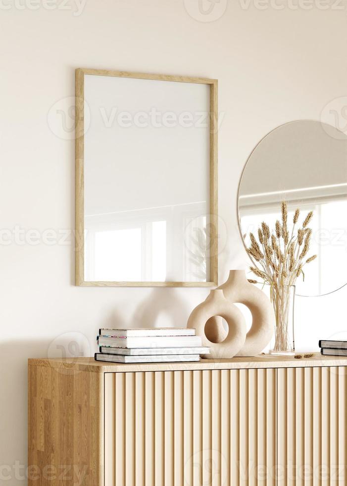 Frame and poster mockup in boho style interior. 3d rendering, 3d illustration photo