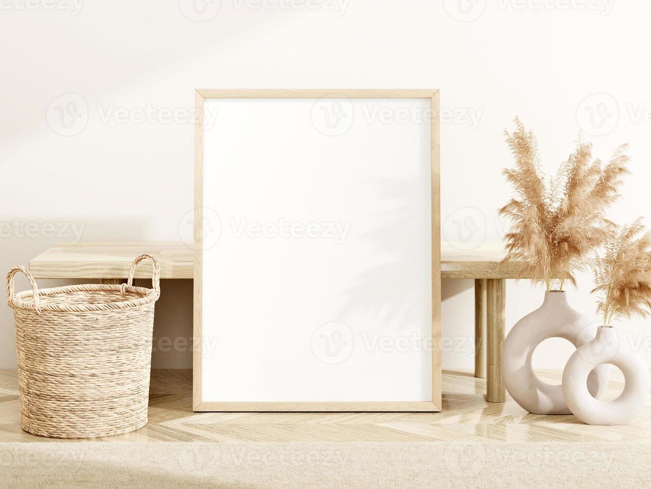 Frame and poster mockup in boho style interior. 3d rendering, 3d illustration photo