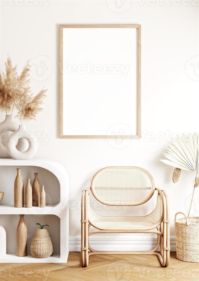 Frame and poster mockup in boho style interior. 3d rendering, 3d illustration photo