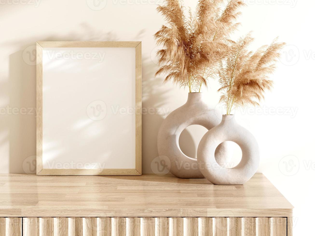 Frame and poster mockup in boho style interior. 3d rendering, 3d illustration photo