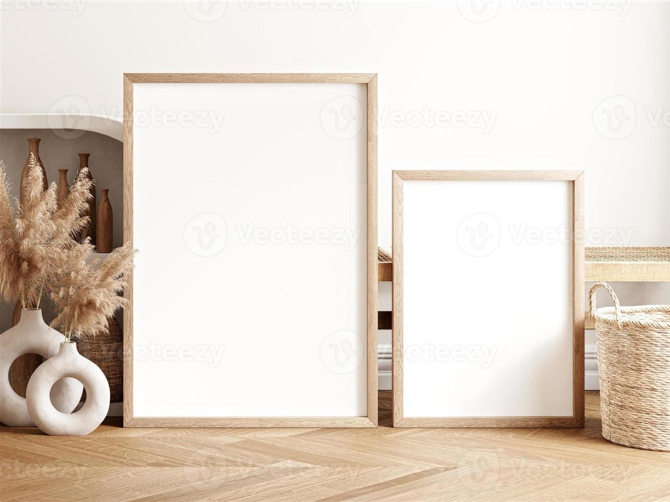 Frame and poster mockup in boho style interior. 3d rendering, 3d illustration photo