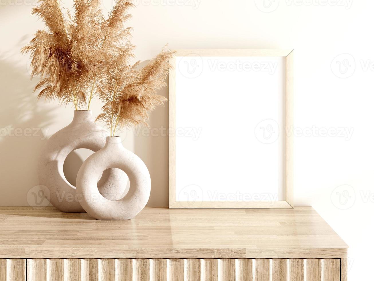 Frame and poster mockup in boho style interior. 3d rendering, 3d illustration photo