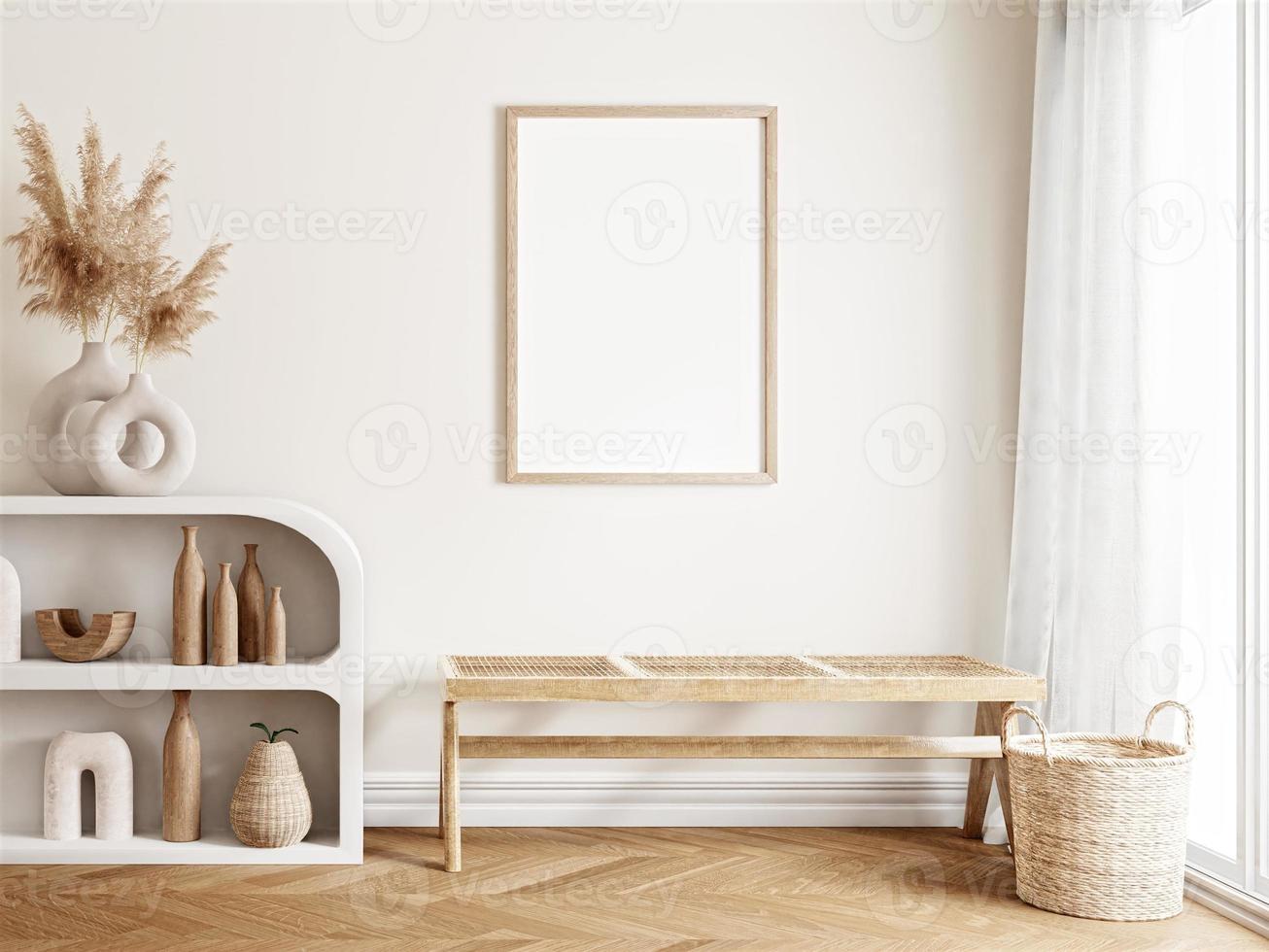 Frame and poster mockup in boho style interior. 3d rendering, 3d illustration photo