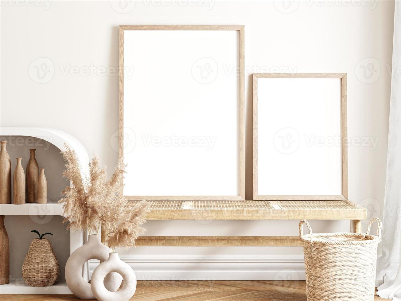 Frame and poster mockup in boho style interior. 3d rendering, 3d illustration photo