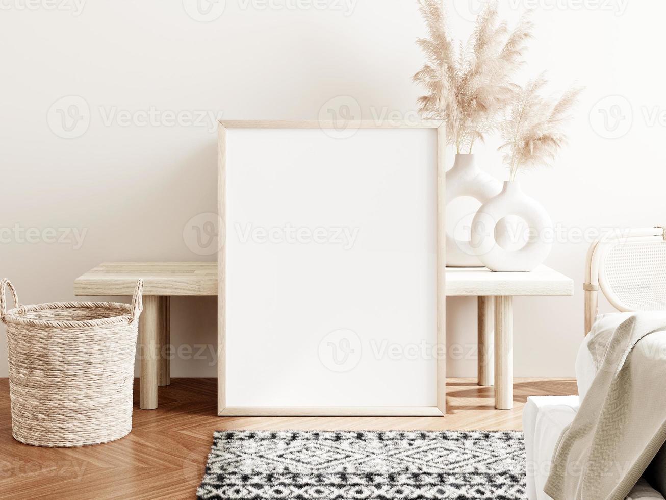 Frame and poster mockup in boho style interior. 3d rendering, 3d illustration photo