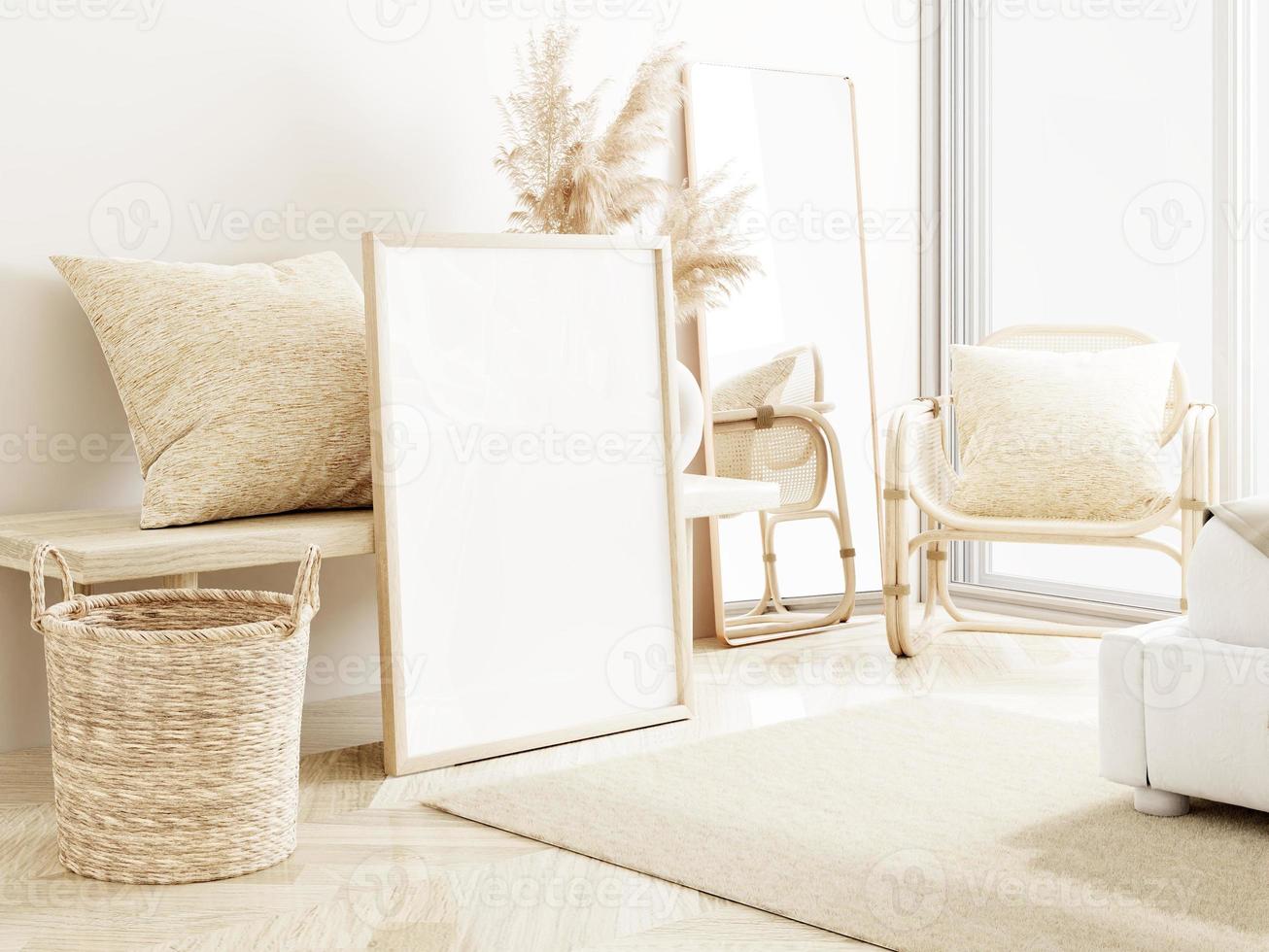 Frame and poster mockup in boho style interior. 3d rendering, 3d illustration photo